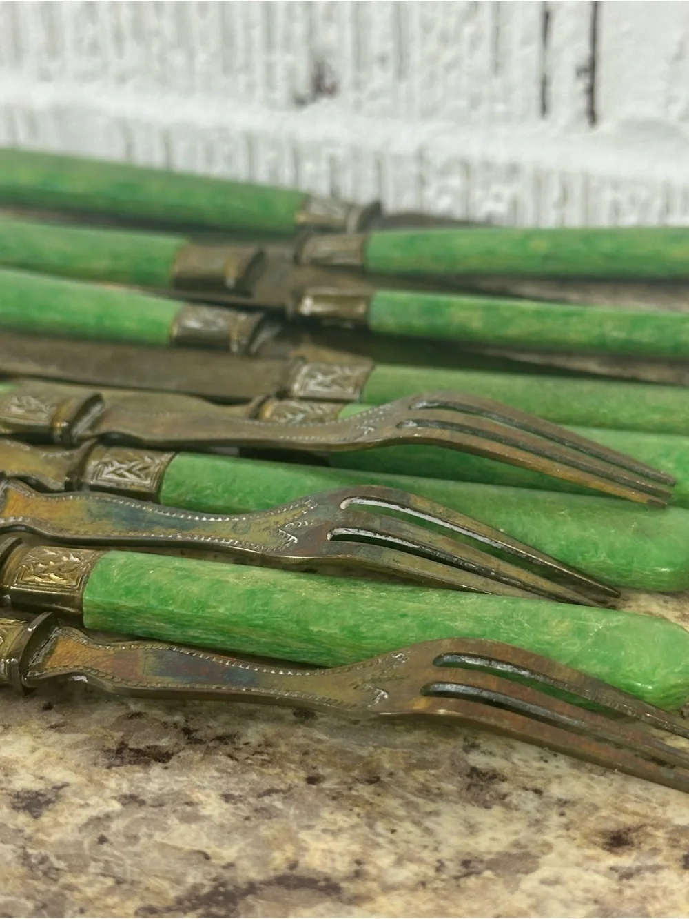 Set of 12 Antique French Vermeil Green Handle Fruit Service Flatware Fork Knife